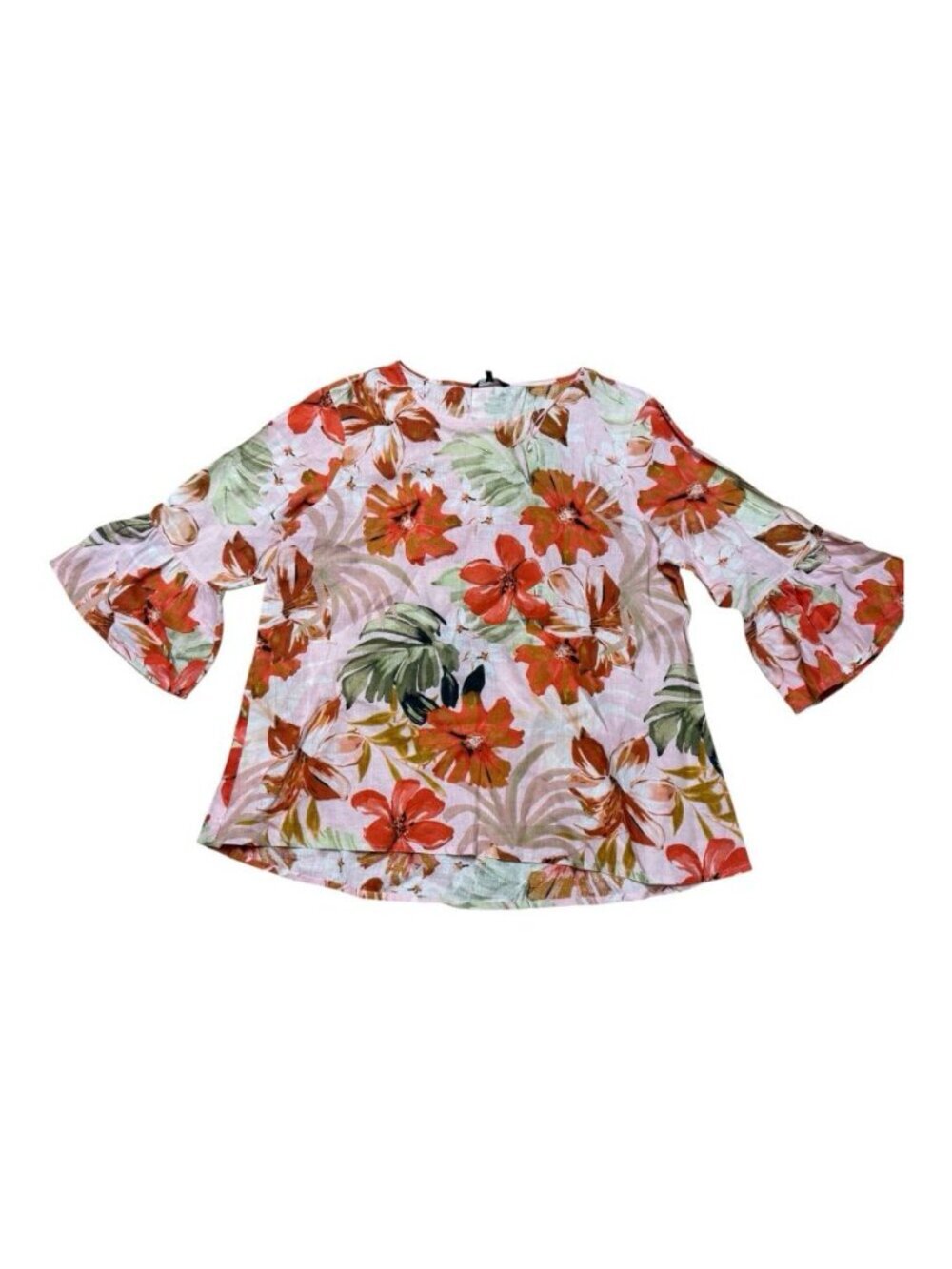 John Mark 100% Linen Floral Bell Sleeve Blouse Pink Orange Size XL
